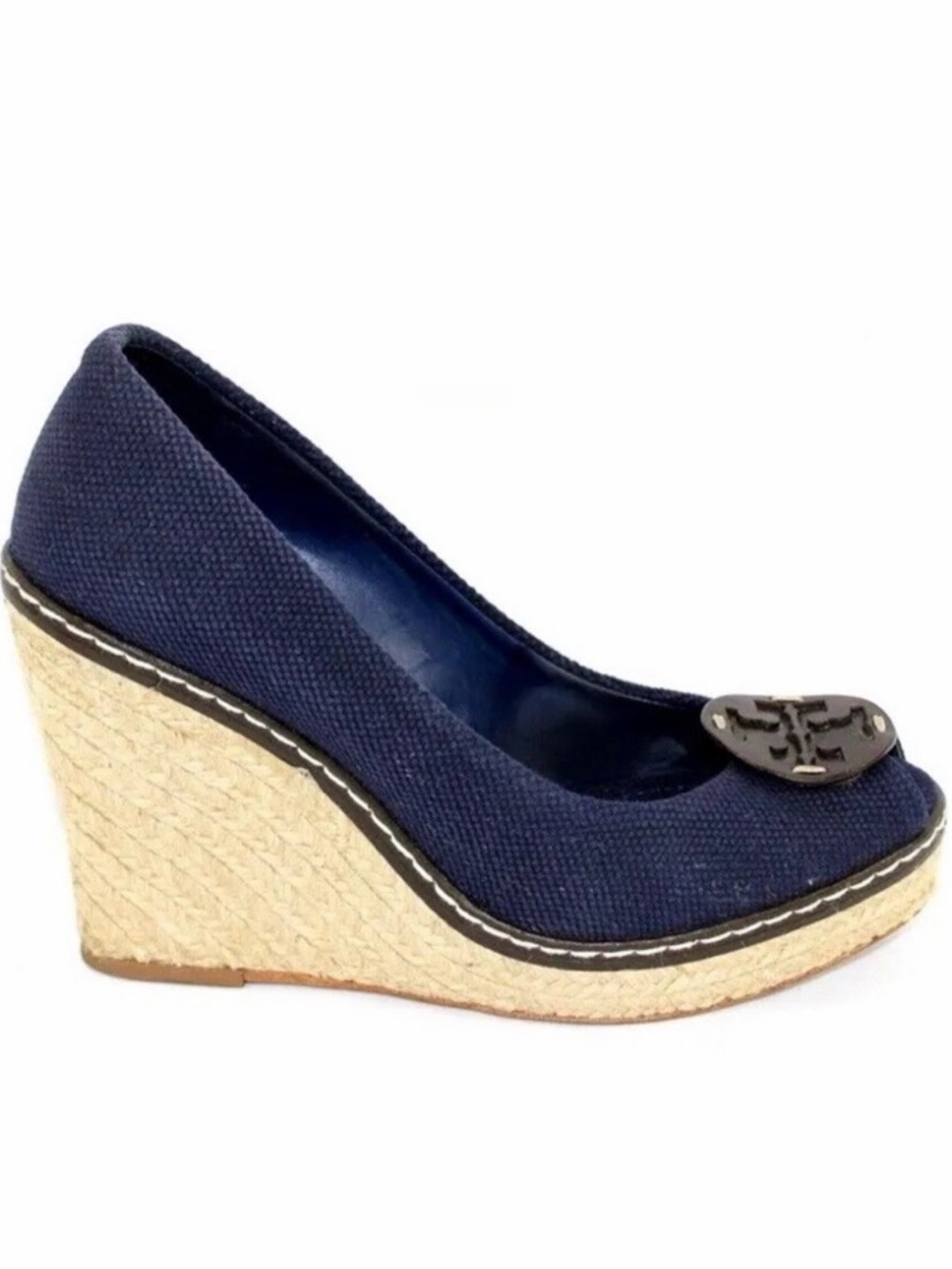 Tory Burch Navy Canvas Espadrille Wedge with Logo Medallion